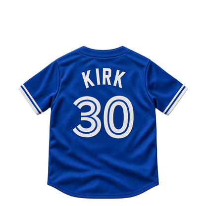 Toronto Blue Jays KIRK #30 jersey keychain artwork preview. Jersey keychain design. Attachment hardware is supplied with the finished acrylic keychain.