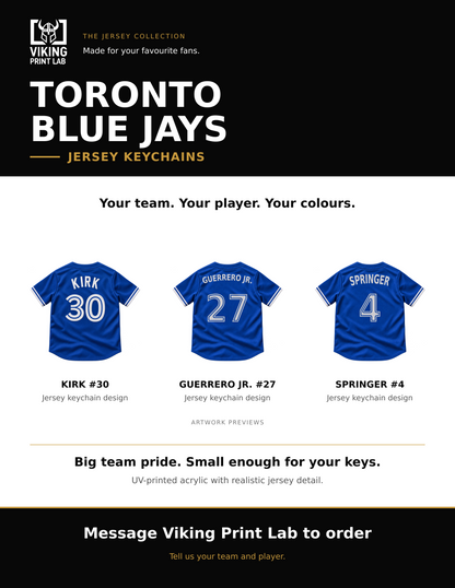 Toronto Blue Jays jersey keychain design overview, showing three available artwork examples. Price is for one keychain.