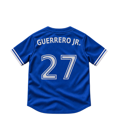 Toronto Blue Jays GUERRERO JR. #27 jersey keychain artwork preview. Jersey keychain design. Attachment hardware is supplied with the finished acrylic keychain.