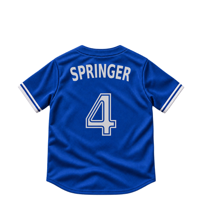 Toronto Blue Jays SPRINGER #4 jersey keychain artwork preview. Jersey keychain design. Attachment hardware is supplied with the finished acrylic keychain.