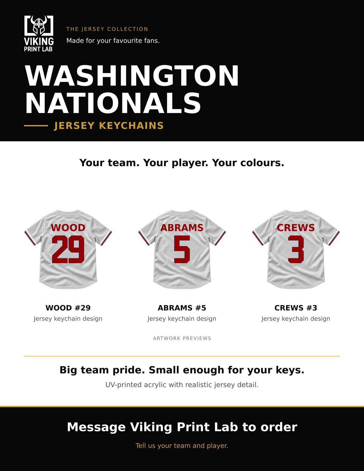 Washington Nationals jersey keychain design overview, showing three available artwork examples. Price is for one keychain.