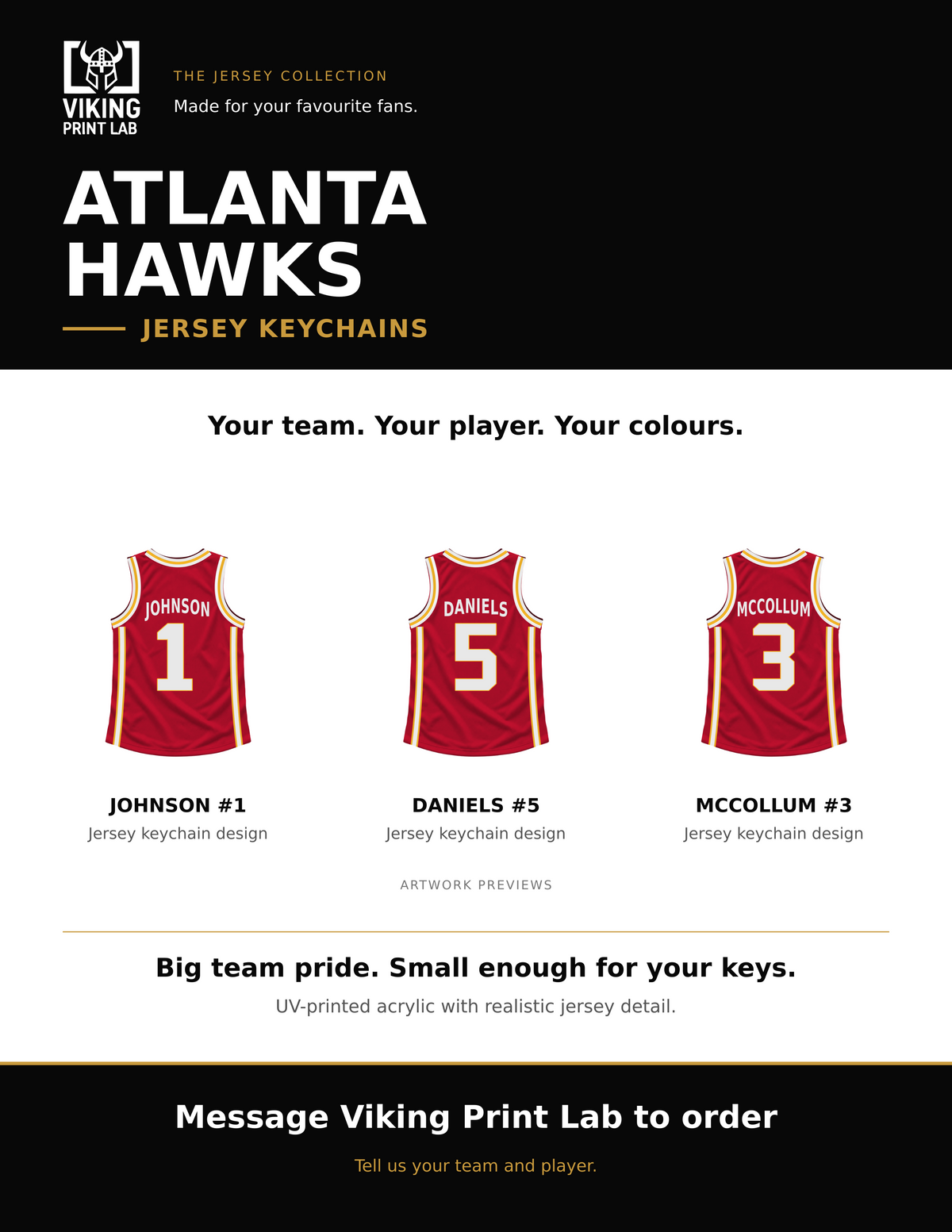 Atlanta Hawks jersey keychain design overview, showing three available artwork examples. Price is for one keychain.