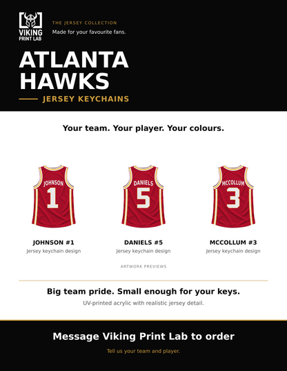 Atlanta Hawks jersey keychain design overview, showing three available artwork examples. Price is for one keychain.