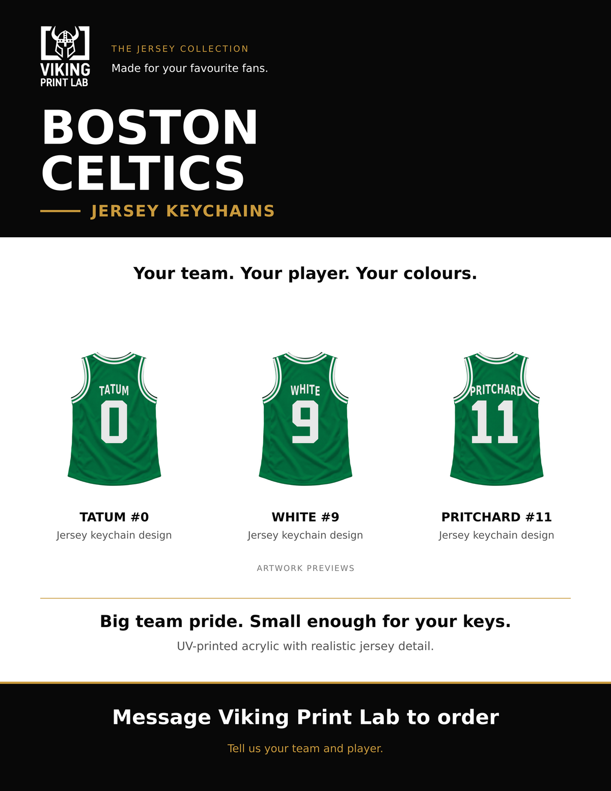 Boston Celtics jersey keychain design overview, showing three available artwork examples. Price is for one keychain.