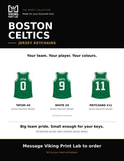 Boston Celtics jersey keychain design overview, showing three available artwork examples. Price is for one keychain.