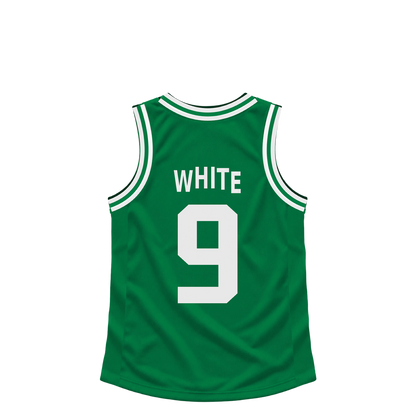 Boston Celtics WHITE #9 jersey keychain artwork preview. Jersey keychain design. Attachment hardware is supplied with the finished acrylic keychain.
