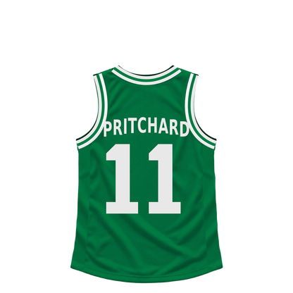 Boston Celtics PRITCHARD #11 jersey keychain artwork preview. Jersey keychain design. Attachment hardware is supplied with the finished acrylic keychain.