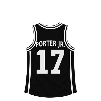Brooklyn Nets PORTER JR. #17 jersey keychain artwork preview. Jersey keychain design. Attachment hardware is supplied with the finished acrylic keychain.