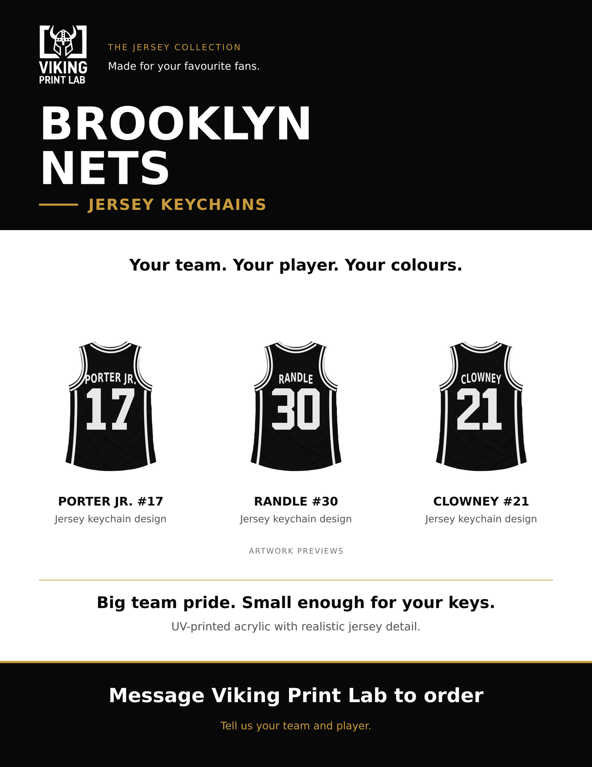 Brooklyn Nets jersey keychain design overview, showing three available artwork examples. Price is for one keychain.