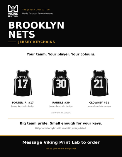 Brooklyn Nets jersey keychain design overview, showing three available artwork examples. Price is for one keychain.