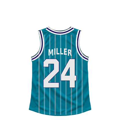 Charlotte Hornets MILLER #24 jersey keychain artwork preview. Jersey keychain design. Attachment hardware is supplied with the finished acrylic keychain.