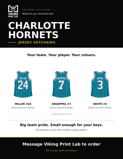 Charlotte Hornets jersey keychain design overview, showing three available artwork examples. Price is for one keychain.