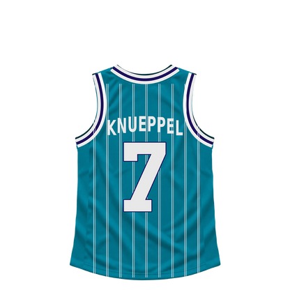 Charlotte Hornets KNUEPPEL #7 jersey keychain artwork preview. Jersey keychain design. Attachment hardware is supplied with the finished acrylic keychain.