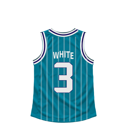 Charlotte Hornets WHITE #3 jersey keychain artwork preview. Jersey keychain design. Attachment hardware is supplied with the finished acrylic keychain.