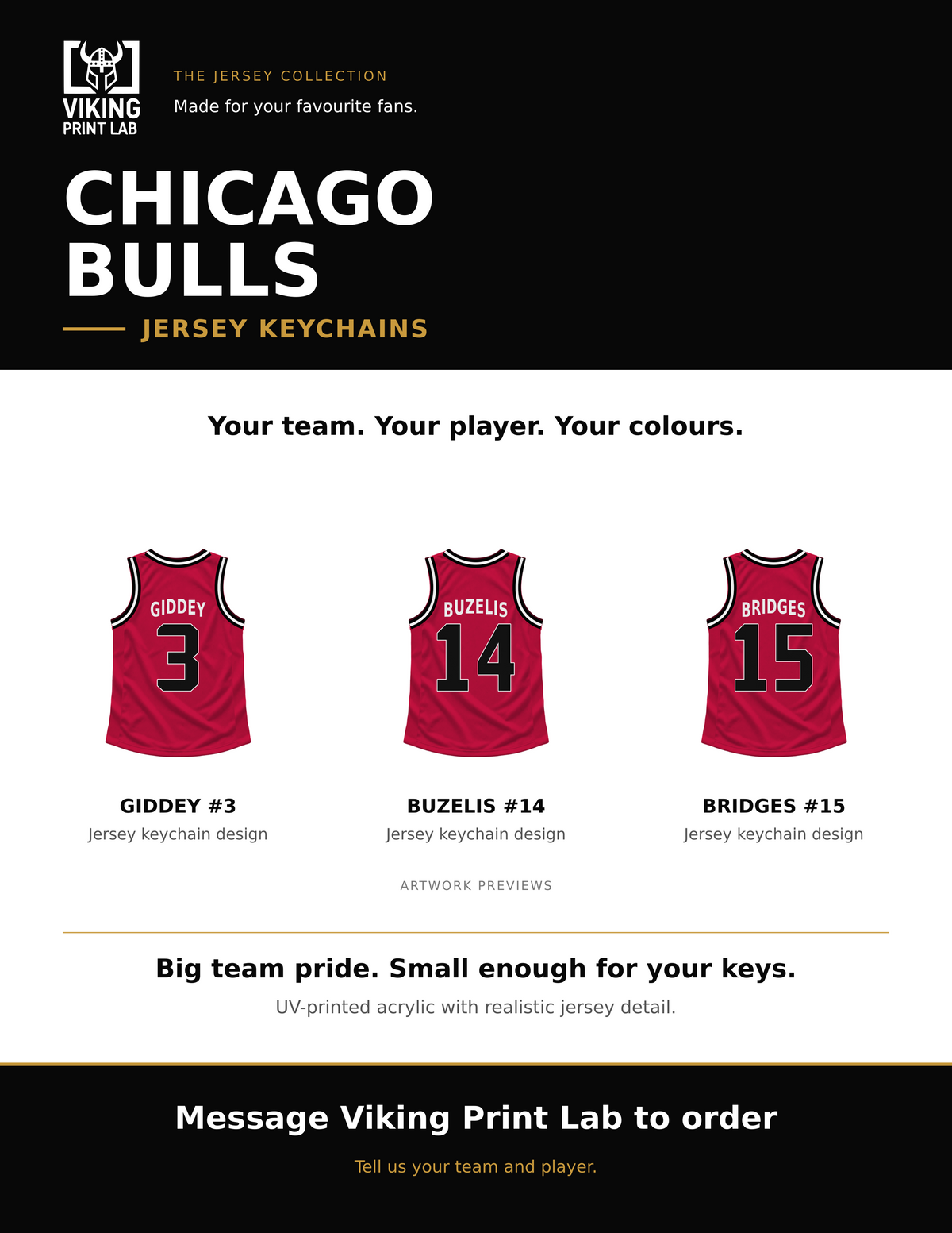 Chicago Bulls jersey keychain design overview, showing three available artwork examples. Price is for one keychain.
