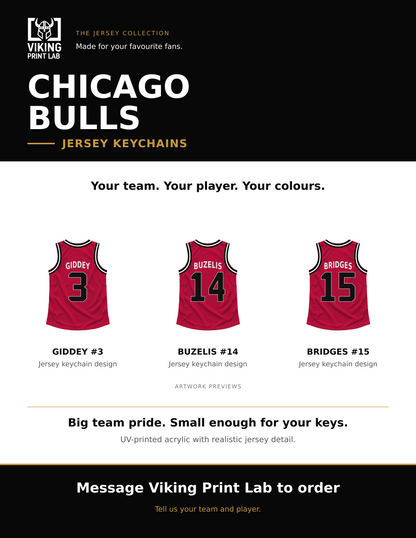 Chicago Bulls jersey keychain design overview, showing three available artwork examples. Price is for one keychain.