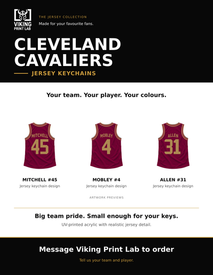 Cleveland Cavaliers jersey keychain design overview, showing three available artwork examples. Price is for one keychain.