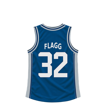 Dallas Mavericks FLAGG #32 jersey keychain artwork preview. Jersey keychain design. Attachment hardware is supplied with the finished acrylic keychain.