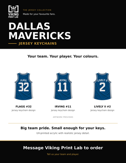 Dallas Mavericks jersey keychain design overview, showing three available artwork examples. Price is for one keychain.