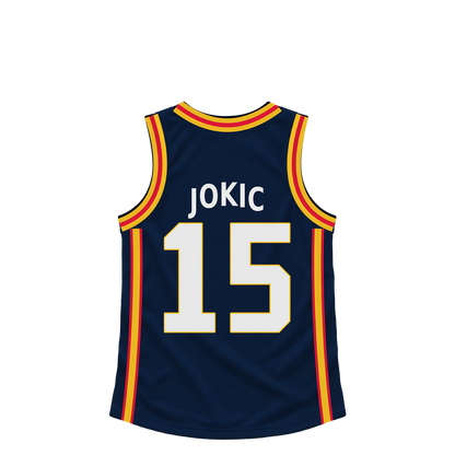 Denver Nuggets JOKIC #15 jersey keychain artwork preview. Jersey keychain design. Attachment hardware is supplied with the finished acrylic keychain.