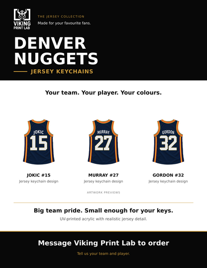 Denver Nuggets jersey keychain design overview, showing three available artwork examples. Price is for one keychain.