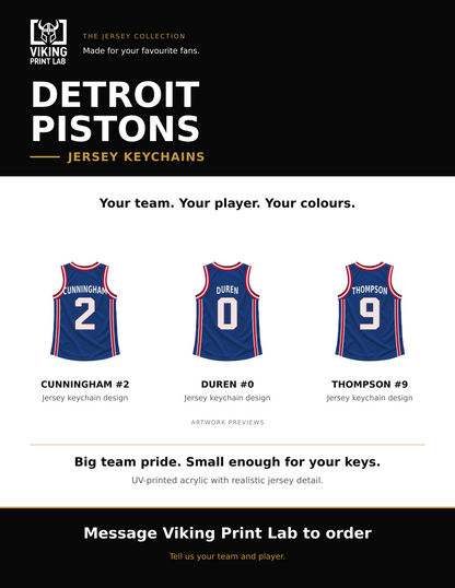 Detroit Pistons jersey keychain design overview, showing three available artwork examples. Price is for one keychain.