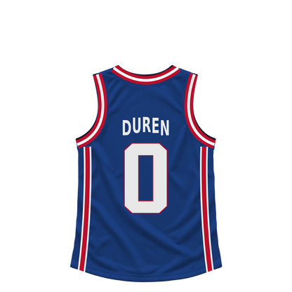 Detroit Pistons DUREN #0 jersey keychain artwork preview. Jersey keychain design. Attachment hardware is supplied with the finished acrylic keychain.