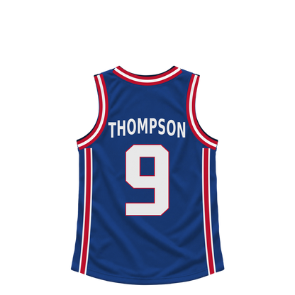 Detroit Pistons THOMPSON #9 jersey keychain artwork preview. Jersey keychain design. Attachment hardware is supplied with the finished acrylic keychain.