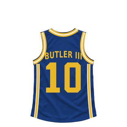 Golden State Warriors BUTLER III #10 jersey keychain artwork preview. Jersey keychain design. Attachment hardware is supplied with the finished acrylic keychain.