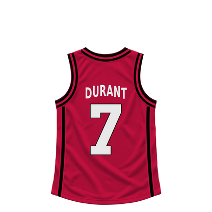 Houston Rockets DURANT #7 jersey keychain artwork preview. Jersey keychain design. Attachment hardware is supplied with the finished acrylic keychain.