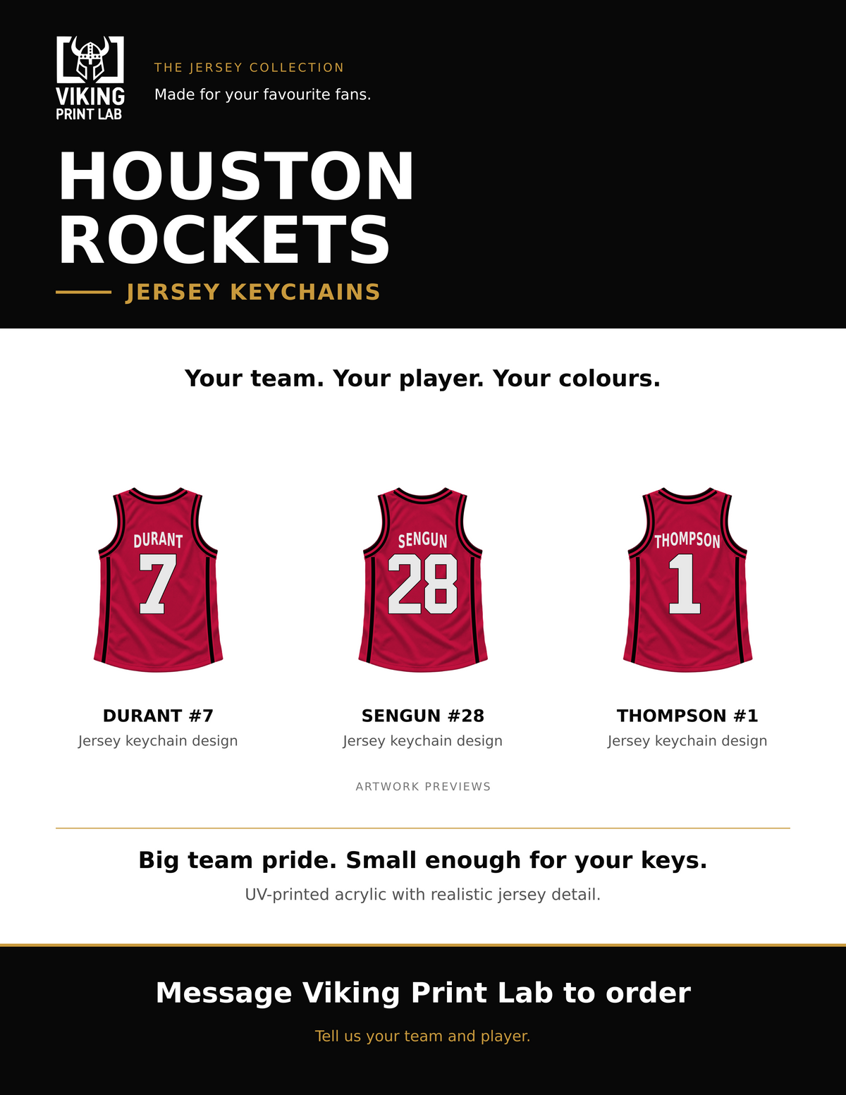 Houston Rockets jersey keychain design overview, showing three available artwork examples. Price is for one keychain.