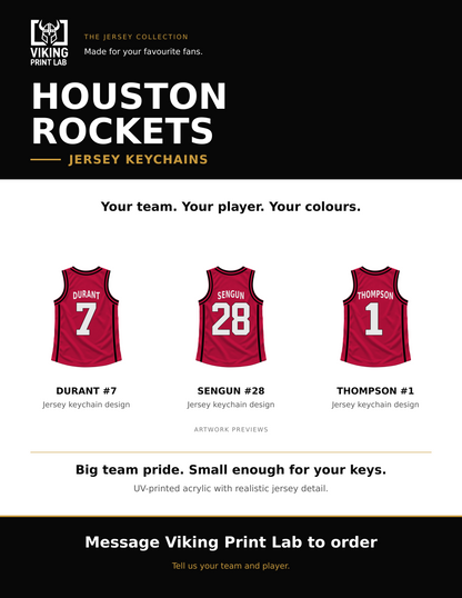 Houston Rockets jersey keychain design overview, showing three available artwork examples. Price is for one keychain.