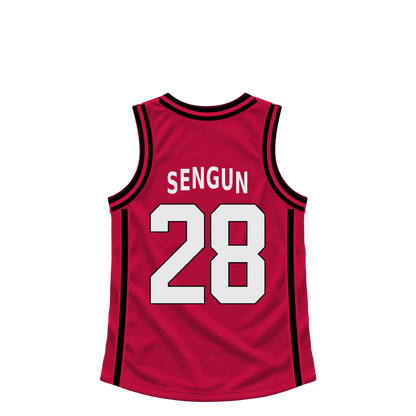 Houston Rockets SENGUN #28 jersey keychain artwork preview. Jersey keychain design. Attachment hardware is supplied with the finished acrylic keychain.