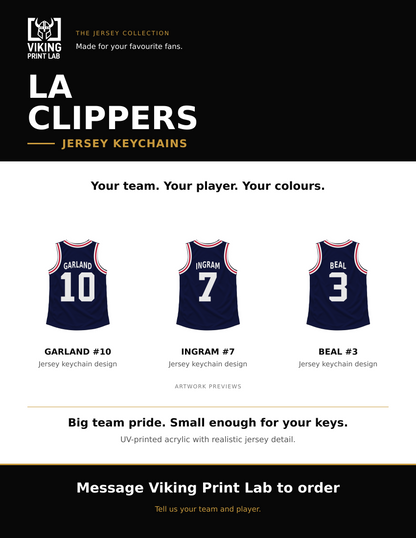 La Clippers jersey keychain design overview, showing three available artwork examples. Price is for one keychain.