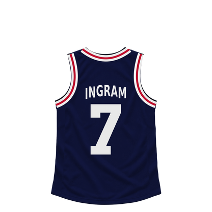 La Clippers INGRAM #7 jersey keychain artwork preview. Jersey keychain design. Attachment hardware is supplied with the finished acrylic keychain.
