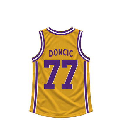 Los Angeles Lakers DONCIC #77 jersey keychain artwork preview. Jersey keychain design. Attachment hardware is supplied with the finished acrylic keychain.