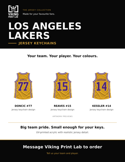 Los Angeles Lakers jersey keychain design overview, showing three available artwork examples. Price is for one keychain.