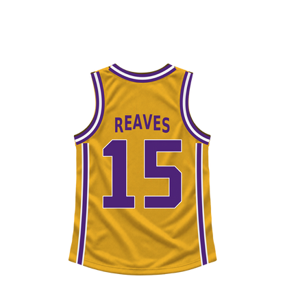 Los Angeles Lakers REAVES #15 jersey keychain artwork preview. Jersey keychain design. Attachment hardware is supplied with the finished acrylic keychain.