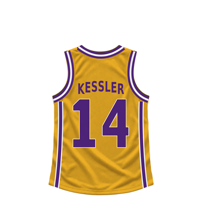Los Angeles Lakers KESSLER #14 jersey keychain artwork preview. Jersey keychain design. Attachment hardware is supplied with the finished acrylic keychain.