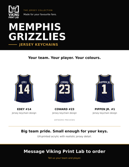 Memphis Grizzlies jersey keychain design overview, showing three available artwork examples. Price is for one keychain.