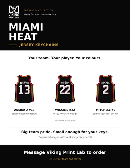 Miami Heat jersey keychain design overview, showing three available artwork examples. Price is for one keychain.