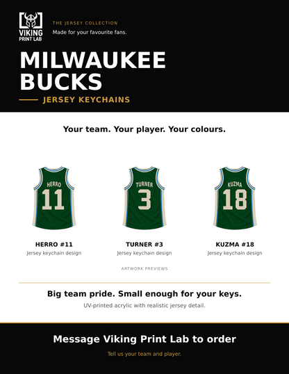 Milwaukee Bucks jersey keychain design overview, showing three available artwork examples. Price is for one keychain.