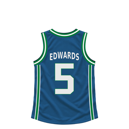 Minnesota Timberwolves EDWARDS #5 jersey keychain artwork preview. Jersey keychain design. Attachment hardware is supplied with the finished acrylic keychain.