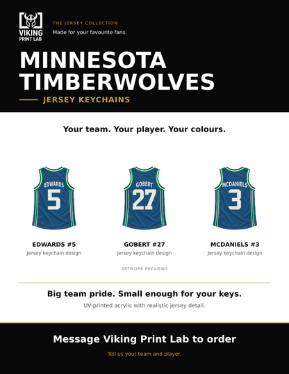Minnesota Timberwolves jersey keychain design overview, showing three available artwork examples. Price is for one keychain.