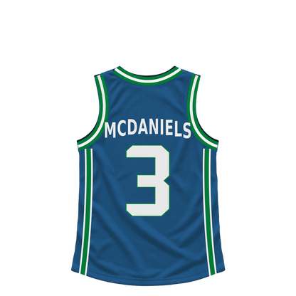 Minnesota Timberwolves MCDANIELS #3 jersey keychain artwork preview. Jersey keychain design. Attachment hardware is supplied with the finished acrylic keychain.