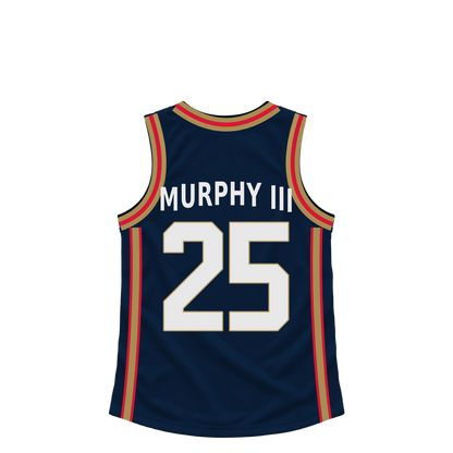 New Orleans Pelicans MURPHY III #25 jersey keychain artwork preview. Jersey keychain design. Attachment hardware is supplied with the finished acrylic keychain.