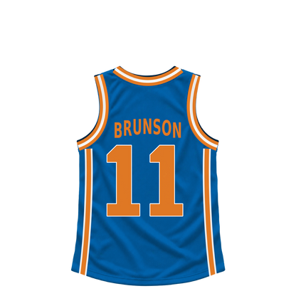 New York Knicks BRUNSON #11 jersey keychain artwork preview. Jersey keychain design. Attachment hardware is supplied with the finished acrylic keychain.