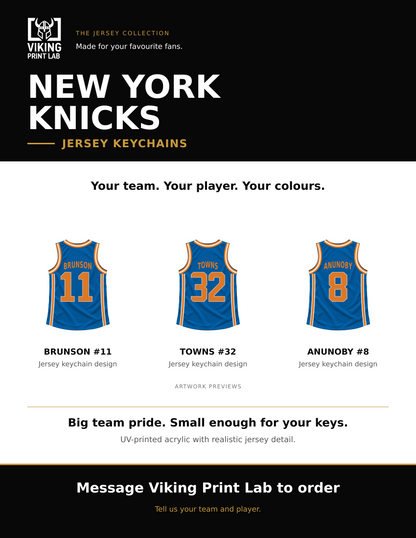 New York Knicks jersey keychain design overview, showing three available artwork examples. Price is for one keychain.