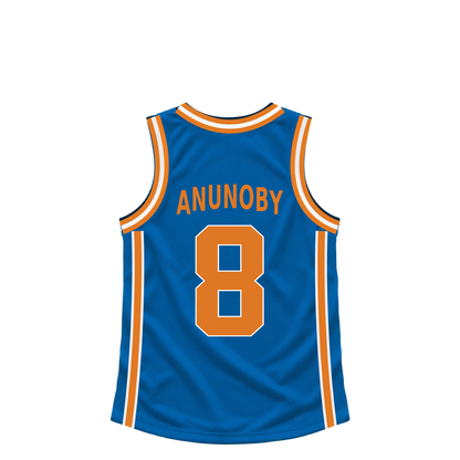 New York Knicks ANUNOBY #8 jersey keychain artwork preview. Jersey keychain design. Attachment hardware is supplied with the finished acrylic keychain.