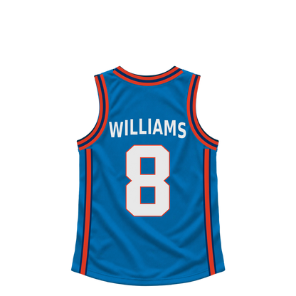 Oklahoma City Thunder WILLIAMS #8 jersey keychain artwork preview. Jersey keychain design. Attachment hardware is supplied with the finished acrylic keychain.